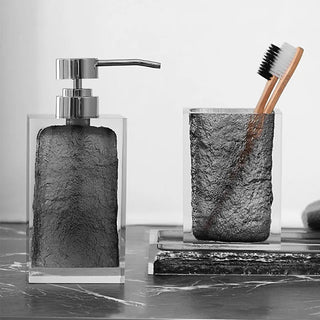 Accessori Bagno 3 Pezzi Resina Colore Grigio Scuro Dispenser Vassoio Bicchiere-INTERIOR DREAM DESIGN
