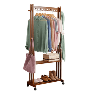Appendiabiti Ruote Due Ripiani Ampio Spazio Vestiti Scarpe Accessori Organizzazione Legno Marrone-INTERIOR DREAM DESIGN