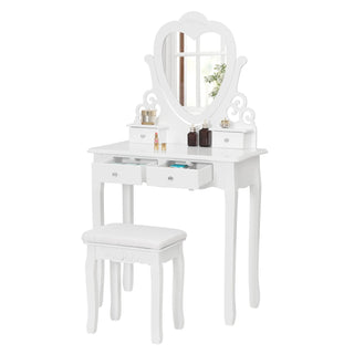 Ballerina Camera Letto Sgabello Incluso Mobile Specchio Toeletta Legno Elegante Bianco Postazione Bellezza Design Forma Cuore Cassetti Inclusi - INTERIOR DREAM DESIGN