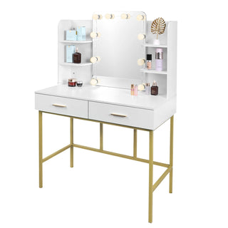 Ballerina Postazione Bellezza Trucco Legno Bianco Oro Cassetti Scaffali Luci LED Specchio Arredamento Camera Letto Casa - INTERIOR DREAM DESIGN