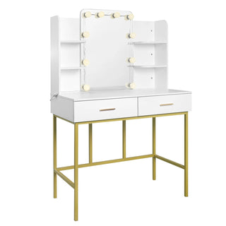 Ballerina Postazione Bellezza Trucco Legno Bianco Oro Cassetti Scaffali Luci LED Specchio Arredamento Camera Letto Casa - INTERIOR DREAM DESIGN