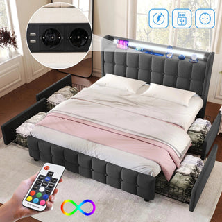 Base Letto Matrimoniale Imbottita Con Cassettiera Luci Illuminazione LED Struttura Doghe Ricarica USB 4 Cassetti Accessori Casa Camera Letto - INTERIOR DREAM DESIGN