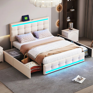 Base Letto Matrimoniale Imbottita Illuminazione Luce LED 4 Cassetti Regolabile Arredamento Casa - INTERIOR DREAM DESIGN