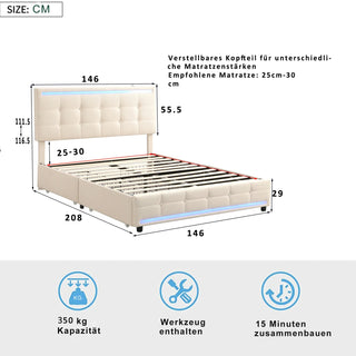 Base Letto Matrimoniale Imbottita Illuminazione Luce LED 4 Cassetti Regolabile Arredamento Casa - INTERIOR DREAM DESIGN