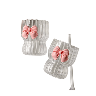 Bicchiere Di Vetro Con Dettaglio Fiocco Rosa Tazza Modello Particolare Decorazione Cucina-INTERIOR DREAM DESIGN