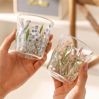 Bicchieri Vetro Set 2 Pezzi Fantasia Fiori Colorata Base Trasparente Vetro Capacità 380ml-INTERIOR DREAM DESIGN