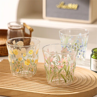 Bicchieri Vetro Set 2 Pezzi Fantasia Fiori Colorata Base Trasparente Vetro Capacità 380ml-INTERIOR DREAM DESIGN