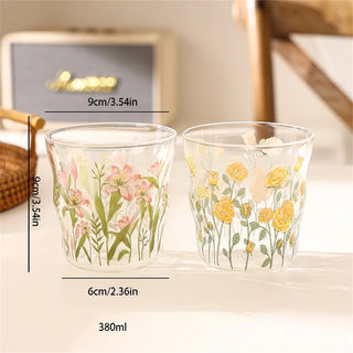 Bicchieri Vetro Set 2 Pezzi Fantasia Fiori Colorata Base Trasparente Vetro Capacità 380ml-INTERIOR DREAM DESIGN