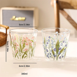 Bicchieri Vetro Set 2 Pezzi Fantasia Fiori Colorata Base Trasparente Vetro Capacità 380ml-INTERIOR DREAM DESIGN