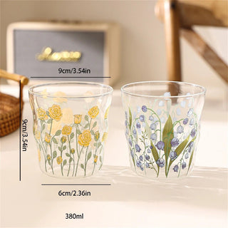 Bicchieri Vetro Set 2 Pezzi Fantasia Fiori Colorata Base Trasparente Vetro Capacità 380ml-INTERIOR DREAM DESIGN