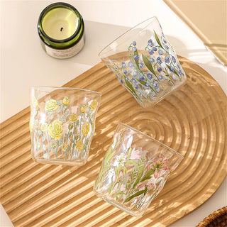 Bicchieri Vetro Set 2 Pezzi Fantasia Fiori Colorata Base Trasparente Vetro Capacità 380ml-INTERIOR DREAM DESIGN