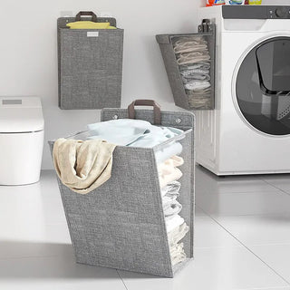 Cesto Portabiancheria Multifunzione Adesivo Muro Manico Velcro Chiusura Lino Cotone Grigio Beige Comodo Pratico Accessori Arredamento Bagno Organizzazione Casa - INTERIOR DREAM DESIGN