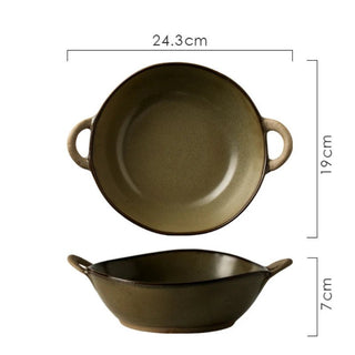 Ciotola Manici Laterali Colore Verde Scuro Beige Ceramica Arredamento Casa-INTERIOR DREAM DESIGN