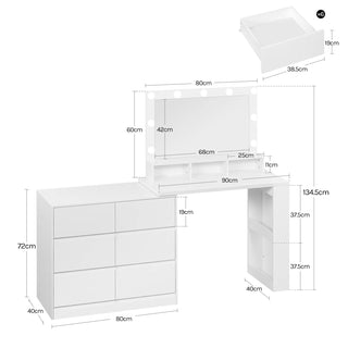 Comò Luci Led Legno Specchio Lampadine Trucco Camera Letto Elegante Bianco Grande-INTERIOR DREAM DESIGN