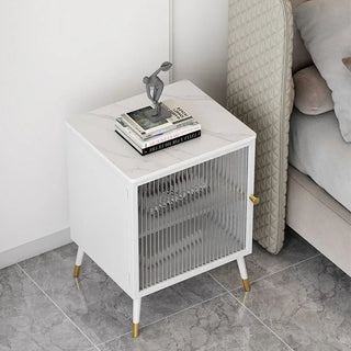 Comodino Diversi Colori Trasparente Ripiano Effetto Marmo Vetro Rinforzato Camera Letto-INTERIOR DREAM DESIGN