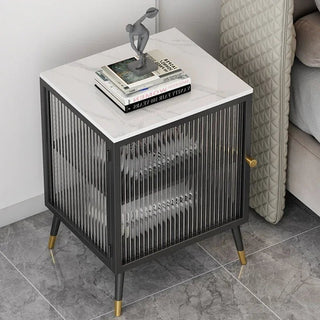 Comodino Diversi Colori Trasparente Ripiano Effetto Marmo Vetro Rinforzato Camera Letto-INTERIOR DREAM DESIGN
