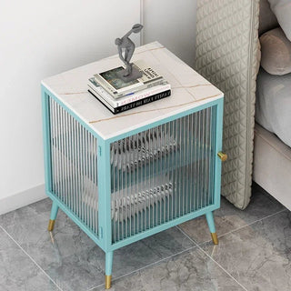 Comodino Diversi Colori Trasparente Ripiano Effetto Marmo Vetro Rinforzato Camera Letto-INTERIOR DREAM DESIGN
