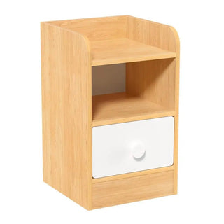 Comodino Legno Marrone Chiaro 2 Ripiani 1 Cassetto Dettagli Bianchi Camera Letto-INTERIOR DREAM DESIGN