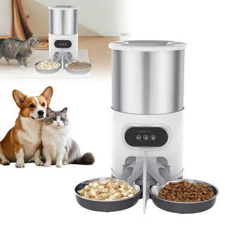 Dispenser Automatico Due Fori Ciotole Cibo Acciaio Capacità 4,5L Colore Bianco Argento-INTERIOR DREAM DESIGN