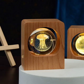 Lampada Notturna Sfera Cristallo 3D Base Faggio USB - INTERIOR DREAM DESIGN