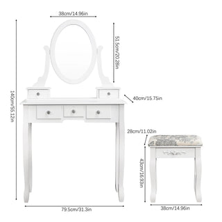 Large Dressing Table,Make - up Table, with 3 Shutters Mirror, 4 Drawers and 1 Stool,80x40x140.5cm,White - INTERIOR DREAM DESIGN