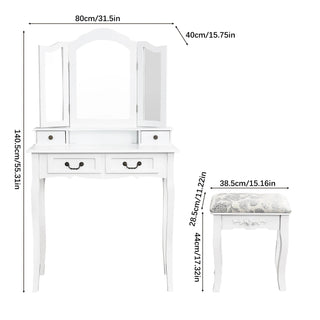 Large Dressing Table,Make - up Table, with 3 Shutters Mirror, 4 Drawers and 1 Stool,80x40x140.5cm,White - INTERIOR DREAM DESIGN