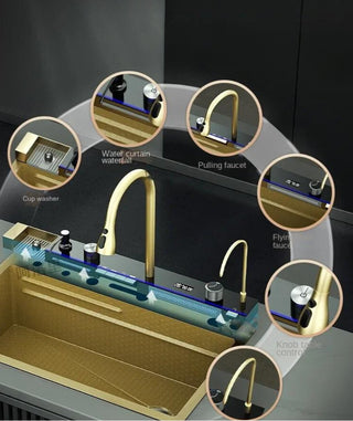 Lavello Cucina Multifunzione Rubinetto Oro Cascata Cestello Display LED Accessori Casa - INTERIOR DREAM DESIGN