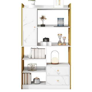 Libreria Ampio Spazio Effetto Marmo Acciaio Colore Bianco Dettagli Oro Cassetti Ripiani Capacità Carico Elevata-INTERIOR DREAM DESIGN