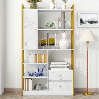 Libreria Ampio Spazio Effetto Marmo Acciaio Colore Bianco Dettagli Oro Cassetti Ripiani Capacità Carico Elevata-INTERIOR DREAM DESIGN