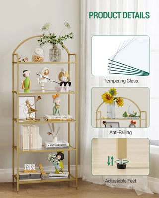 Libreria Colore Oro 5 Ripiani Acciaio Elegante Design Moderno Vetro Resistente-INTERIOR DREAM DESIGN