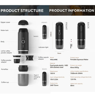 Macchina Caffè Portatile Polvere Capsule Compatibile Ricaricabile USB Capacità Massima 2 Tazze Include Accessori Custodia - INTERIOR DREAM DESIGN