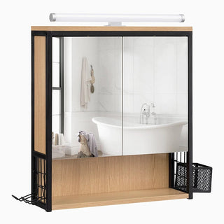 Mobile Bagno 2 Ante Specchio Grandi Dimensioni Mensole Comodo Capacità Carico 11kg Legno Metallo Luce LED Inclusa - INTERIOR DREAM DESIGN