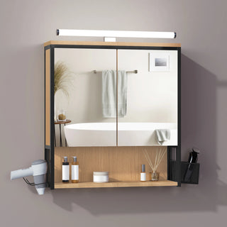 Mobile Bagno 2 Ante Specchio Grandi Dimensioni Mensole Comodo Capacità Carico 11kg Legno Metallo Luce LED Inclusa - INTERIOR DREAM DESIGN