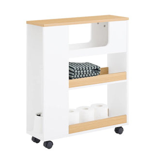 Mobile Bagno Colore Bianco Dettagli Marrone Materiale Legno 4 Ruote Arredamento Casa-INTERIOR DREAM DESIGN
