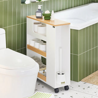 Mobile Bagno Colore Bianco Dettagli Marrone Materiale Legno 4 Ruote Arredamento Casa-INTERIOR DREAM DESIGN