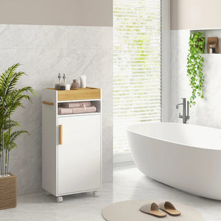 Mobile Bagno Ruote Materiale Legno Colore Bianco Dettagli Marroni Diversi Ripiani Ampio Spazio-INTERIOR DREAM DESIGN