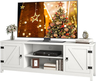 Mobile Base Tv Legno Bianco Dettagli Neri 2 Scaffali Aperti 2 Cassetti Ante Sostegno Televisione Arredamento Interni - INTERIOR DREAM DESIGN