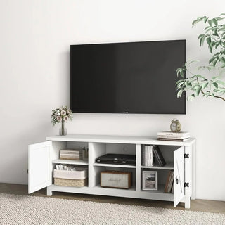 Mobile Base Tv Legno Bianco Dettagli Neri 2 Scaffali Aperti 2 Cassetti Ante Sostegno Televisione Arredamento Interni - INTERIOR DREAM DESIGN