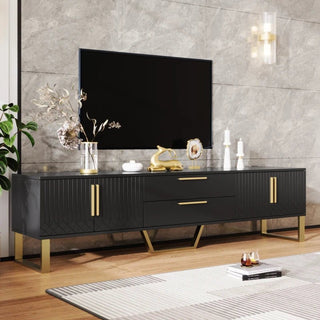 Mobile Per Supporto Tv Nero Bianco Con Maniglie Oro Dimensione Legno Lucido Cassetti Sportelli - INTERIOR DREAM DESIGN