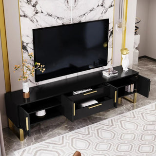 Mobile Per Supporto Tv Nero Bianco Con Maniglie Oro Dimensione Legno Lucido Cassetti Sportelli - INTERIOR DREAM DESIGN