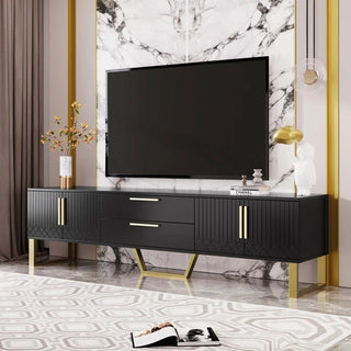 Mobile Per Supporto Tv Nero Bianco Con Maniglie Oro Dimensione Legno Lucido Cassetti Sportelli - INTERIOR DREAM DESIGN