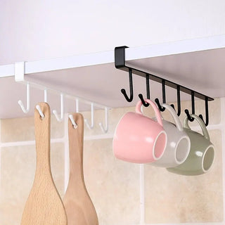 Organizer Cucina Tazze 6 Ganci Organizzazione Cucina Senza Perforazione Ferro Metallo Nero Bianco Resistente Arredamento Casa - INTERIOR DREAM DESIGN