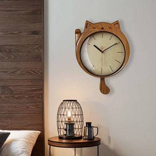 Orologio Legno Forma Gatto Marrone Ovale Arredamento Decorazione Casa Parete-INTERIOR DREAM DESIGN