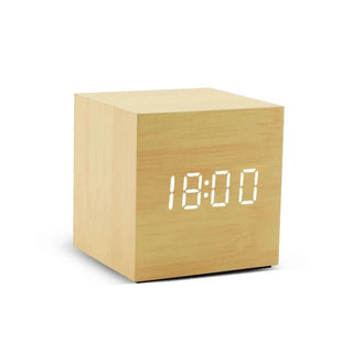 Orologio Scrivania Comodino Legno Peso 130gr Ricaricabile Cavo Incluso Batterie Luce LED Cubo - INTERIOR DREAM DESIGN