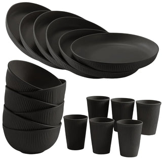 Piatti Bicchieri Ciotole Nero Beige Plastica Set 18 Pezzi Cucina Pranzo Utile Resistente-INTERIOR DREAM DESIGN
