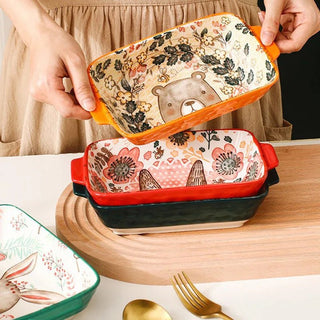 Piatto Rettangolare Ceramica Fantasie Varie Animali Foresta Coniglio Cervo Orso Colorato Capiente-INTERIOR DREAM DESIGN