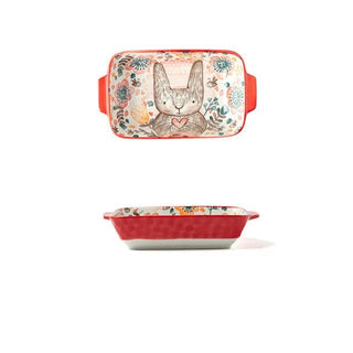 Piatto Rettangolare Ceramica Fantasie Varie Animali Foresta Coniglio Cervo Orso Colorato Capiente-INTERIOR DREAM DESIGN