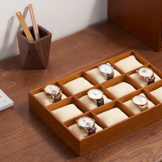 Porta Orologi Scatola Legno Organizzazione Portagioie Marrone Cuscinetti Grigio Panna-INTERIOR DREAM DESIGN