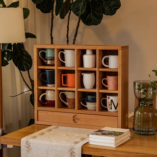 Scaffale Porta Tazze Legno Marrone Cassetto Organizer Cucina Stoviglie-INTERIOR DREAM DESIGN