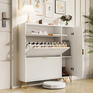 Scarpiera Colore Bianco Dettagli Oro Materiale Legno Ampio Spazio Archiviazione Scarpe Camera Letto-INTERIOR DREAM DESIGN